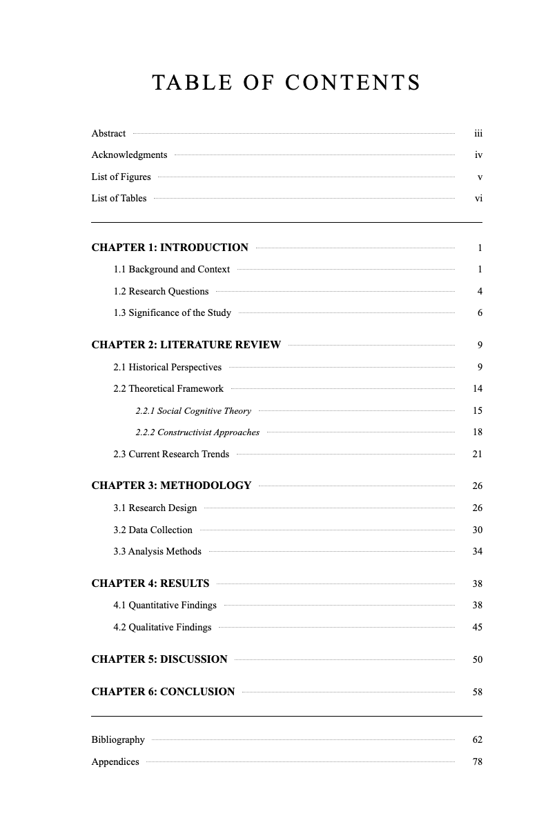 Academic thesis table of contents